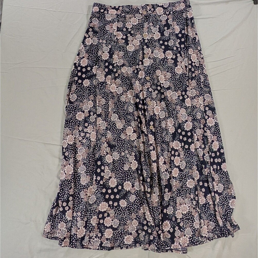 SJS. Long Navy Blue Button Down Floral Skirt. Size XL Boho Cottage Core